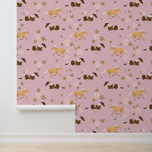 Vintage Floral Horse Pattern Wallpaper (Application)