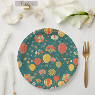 Vintage Floral Hot Air Balloons Floral Green Paper Plate