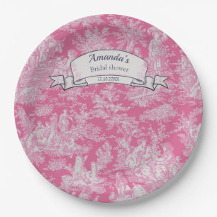 Vintage floral hot pink  toile de jouy shower  paper plate