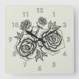 Vintage Floral Illustration of a Rose Flower Square Wall Clock
