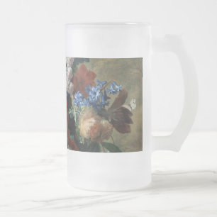 Vintage Floral Jan van Huysum Bouquet of Flowers Frosted Glass Beer Mug