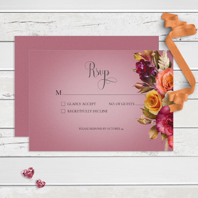 Vintage Floral Jewel Fuchsia Wedding RSVP Card (Creator Uploaded)