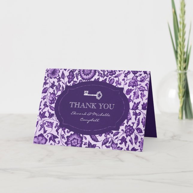 Vintage Floral & Key Thank You Card (Front)