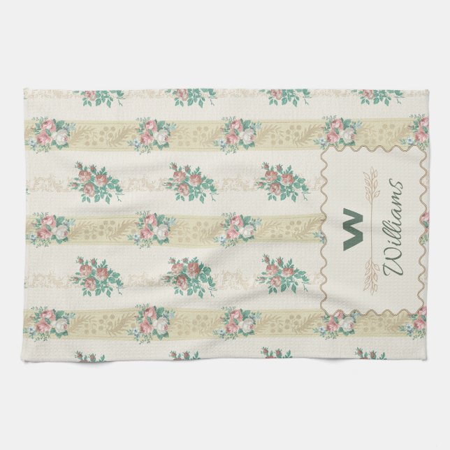 Vintage Floral Kitchen Towel with Personalisation  (Horizontal)
