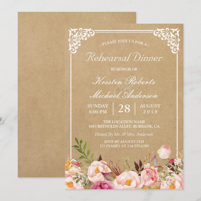 Vintage Floral Kraft | Wedding Rehearsal Dinner Invitation (Front/Back)