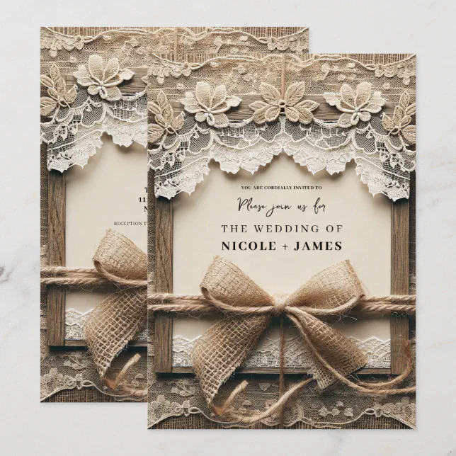 Vintage Floral Lace Burlap Bow Rustic Wedding Invitation | Zazzle