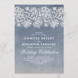 Vintage Floral Lace - Dusty Blue Wedding Invitation