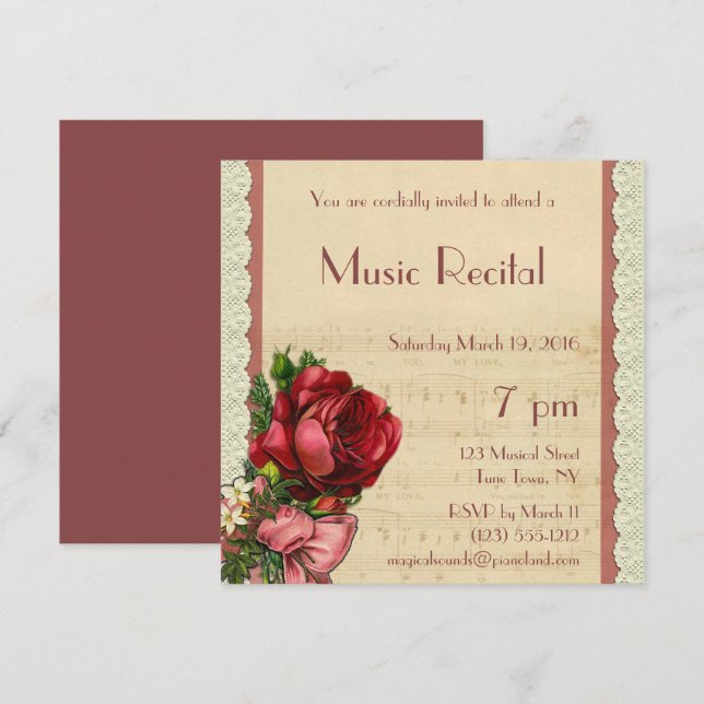 Vintage Floral Lace Music Recital Invitation (Front/Back)
