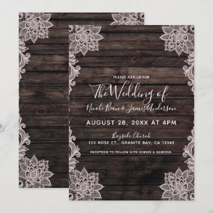 Vintage Floral Lace Rustic Wood Elegant Wedding Invitation