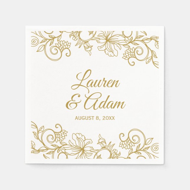 Vintage Floral Lace Wedding Napkins | Gold (Front)