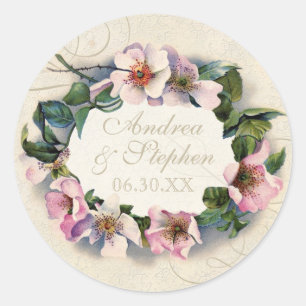 Vintage Floral Lace Wild Pink Rose Swirl Formal Classic Round Sticker