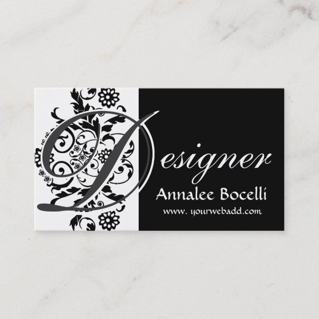 Vintage Floral Lacey Elegant Trendy Monogram Black Business Card (Front)
