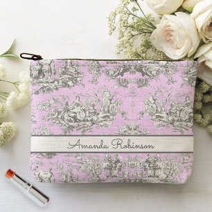 Vintage floral lake pink toile de jouy monogram accessory pouch