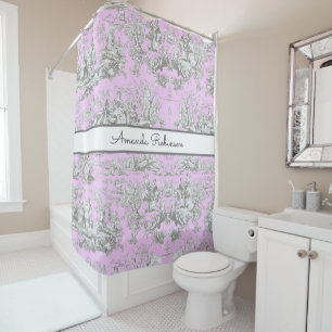 Vintage floral lake pink toile de jouy monogram shower curtain
