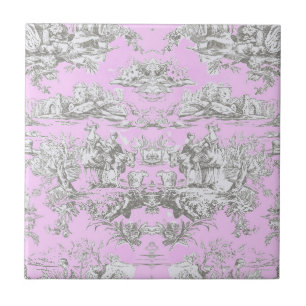 Vintage floral lake pink toile de jouy monogram tile
