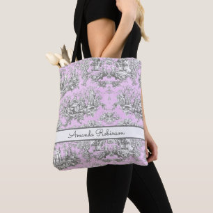 Vintage floral lake pink toile de jouy monogram tote bag