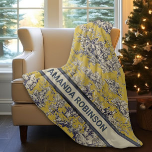 Vintage floral lake yellow toile de jouy monogram fleece blanket