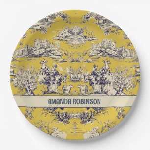 Vintage floral lake yellow toile de jouy monogram paper plate