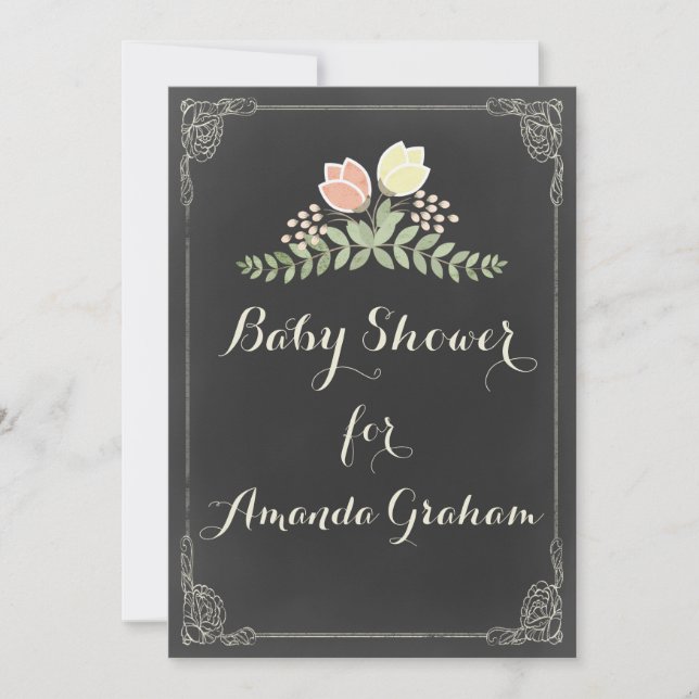 Vintage Floral Laurels Chalkboard Baby Shower Invitation (Front)