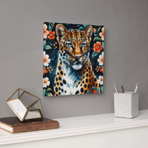 Vintage floral leopard  square wall clock