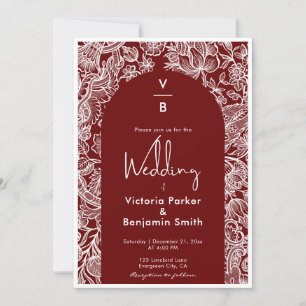 Vintage Floral Line Arch Monogram Burgandy Wedding Invitation