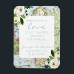 Vintage Floral Map Love Travels Wedding Date Magnet<br><div class="desc">Charming blue and green vintage map with white boho flowers and a romantic "love travels the world" quote on a fridge magnet that works as a destination wedding or travel theme save the date or wedding favor, perfect for a couple who has traveled the world together for work or for...</div>
