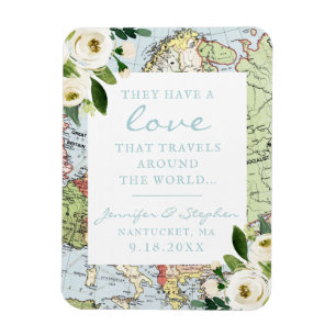 Vintage Floral Map Love Travels Wedding Date Magnet