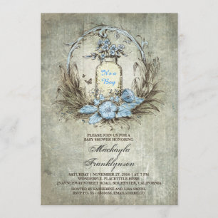 vintage floral mason jar rustic blue baby shower invitation