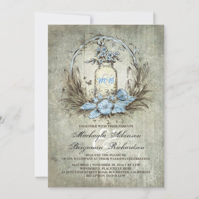 Vintage floral mason jar rustic wedding invitation (Front)