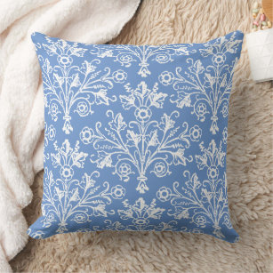 Vintage Floral Medallion White Cornflower Blue Cushion