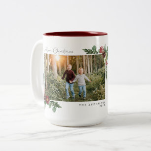 Vintage Floral Merry Christmas Photo Card Two-Tone Coffee Mug