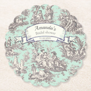 Vintage floral mint grey toile de jouy paper coaster