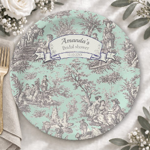 Vintage floral mint grey toile de jouy paper plate