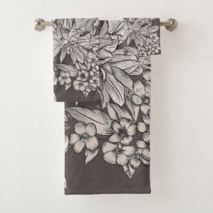 Vintage Floral Modern Ivory Grey Botanical Rustic Bath Towel Set