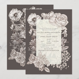 Vintage Floral Modern Ivory & Grey Engagement Invitation