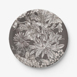 Vintage Floral Modern Ivory & Grey Rustic Wedding Paper Plate