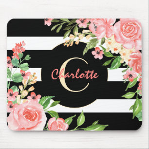 Vintage Floral Monogram Black White Striped Custom Mouse Mat