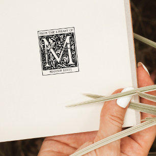 Vintage Floral Monogram Letter M From the Library Rubber Stamp