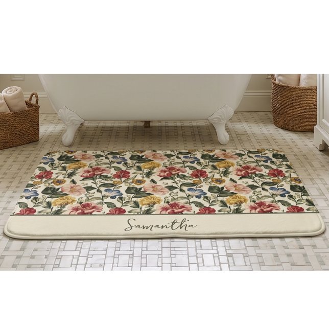 Vintage Floral Monogram Name Bath Mat (Creator Uploaded)