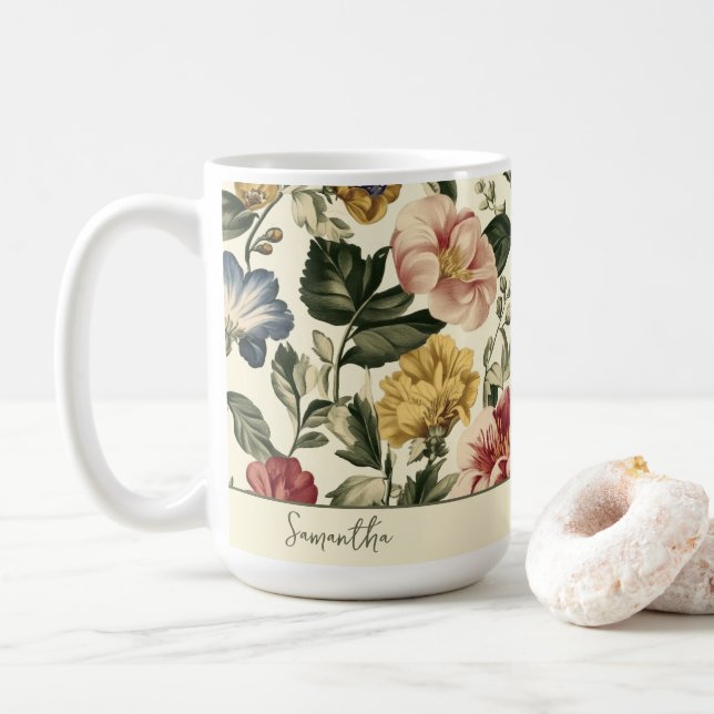 Vintage Floral Monogram Name Coffee Mug (With Donut)
