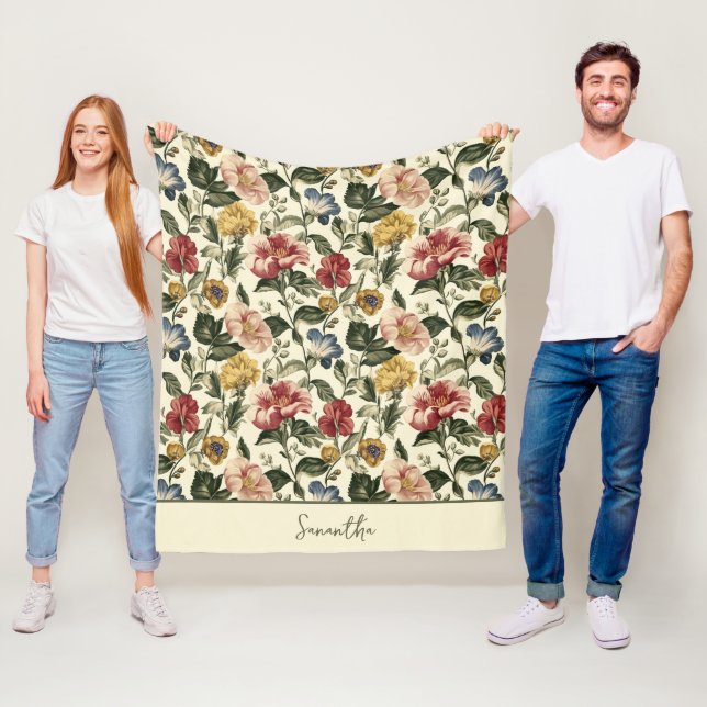 Vintage Floral Monogram Name Fleece Blanket (In Situ)
