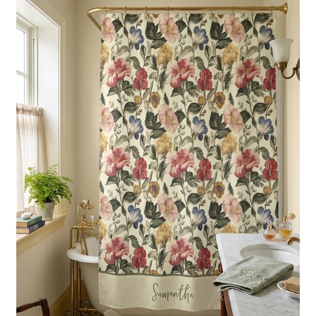 Vintage Floral Monogram Name Shower Curtain (Creator Uploaded)