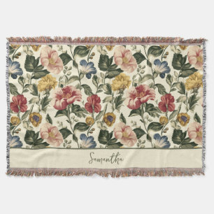 Vintage Floral Monogram Name Throw Blanket