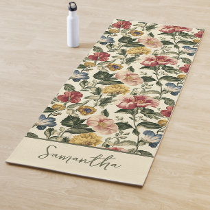 Vintage Floral Monogram Name Yoga Mat