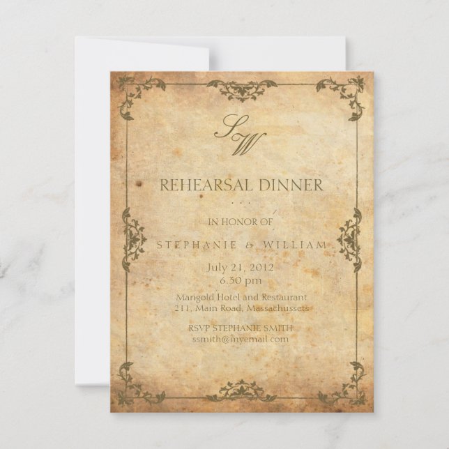 Vintage Floral Monogram Rehearsal Dinner Card (Front)