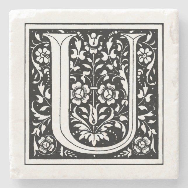 Vintage Floral Monogram ‘U’ Stone Coaster (Front)