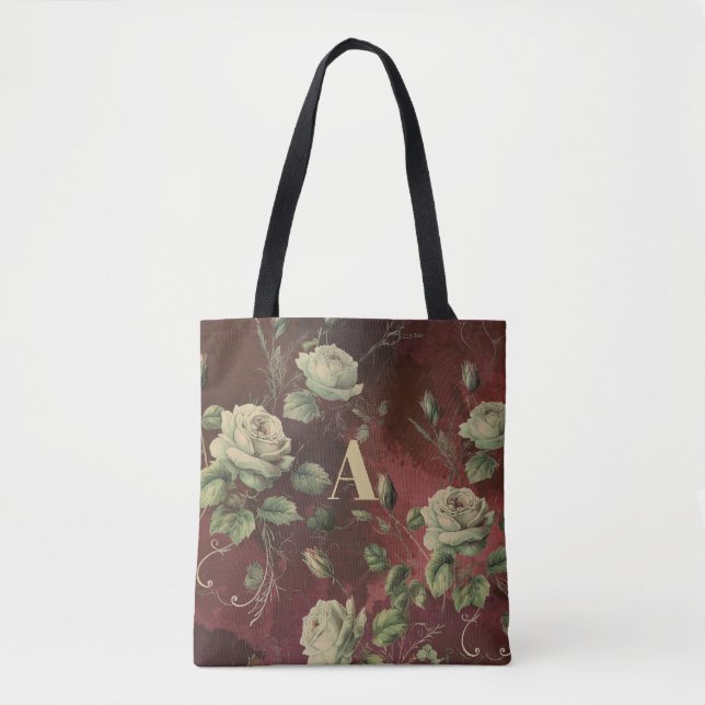 Vintage Floral Monogrammed  Tote Bag (Front)