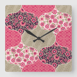 Vintage Floral Moroccan Pattern Pink Square Wall Clock