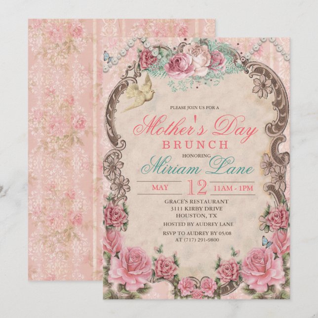 Vintage Floral Mother's Day Brunch Invitation (Front/Back)