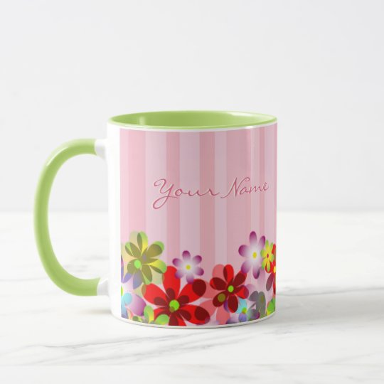 VINTAGE FLORAL MUG, PINK MONOGRAM FLOWER COFFE MUG